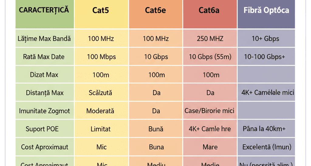 Cabluri camere supraveghere: Cat5e, Cat6, Cat6a sau fibră optică? Ghid complet