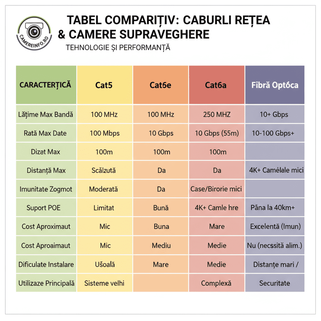 Tabel comparativ cabluri camere supraveghere: Cat5, Cat5e, Cat6, Cat6a și fibră optică